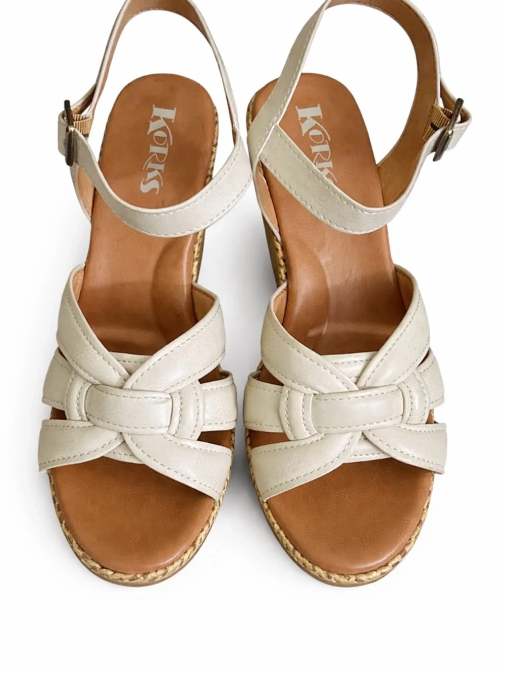 Korks Cream Woven Platform Sandal with Buckle Ankle Strap NWT